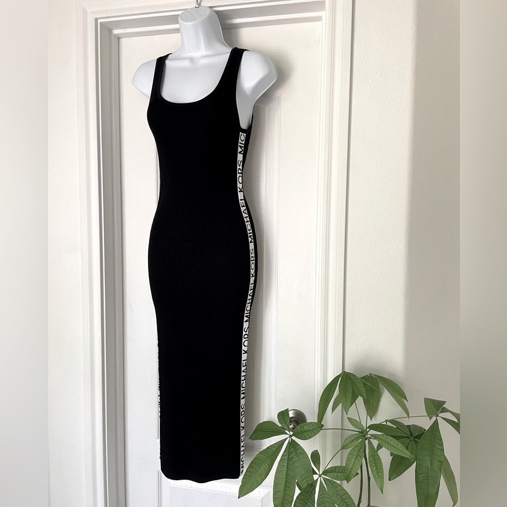 Michael Kors Ribbed Black White MK Stretch Knit Logo Tape Midi Tank Dress - Picture 4 of 13